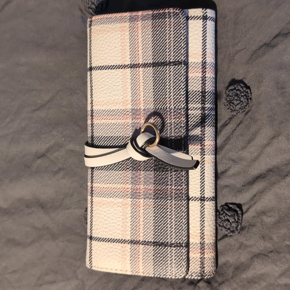 EUC Cato wallet in black, pink & white plaid